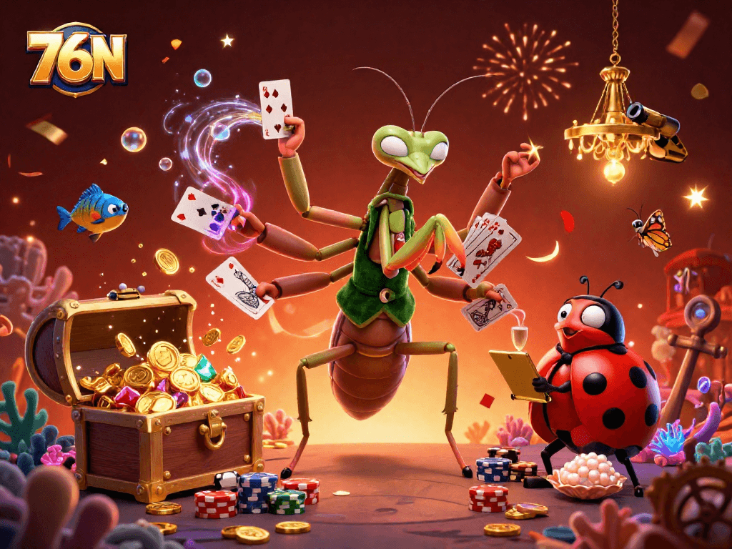 76N: Mantis jogador de cartas e ladybug pit boss em um cassino vibrante.