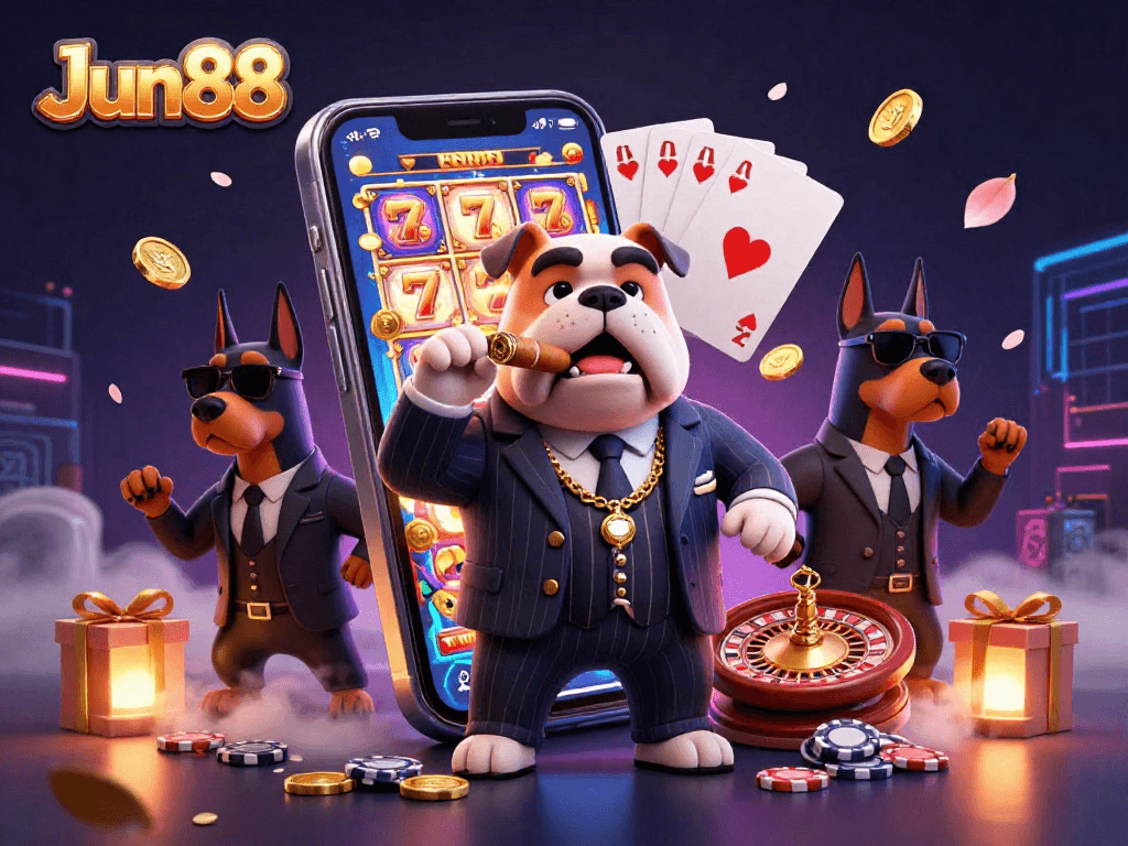 The mafia boss bulldog and Doberman guards showcasing Jun88 slot games, exuding excitement and strategy.