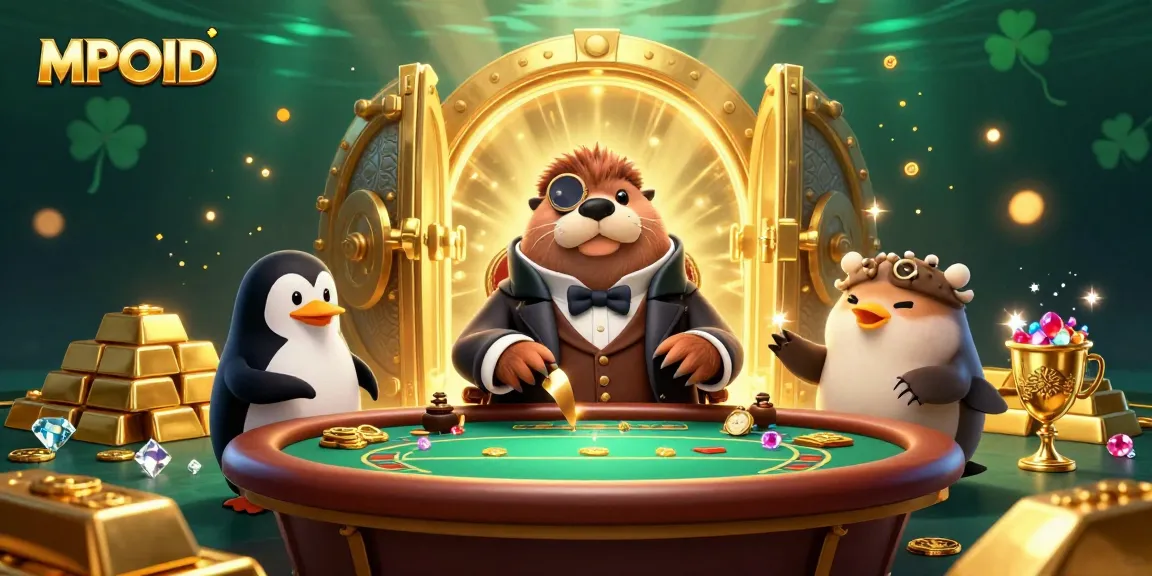 MPOID showcases thrilling poker action with a charming walrus and friends at an underwater casino table.