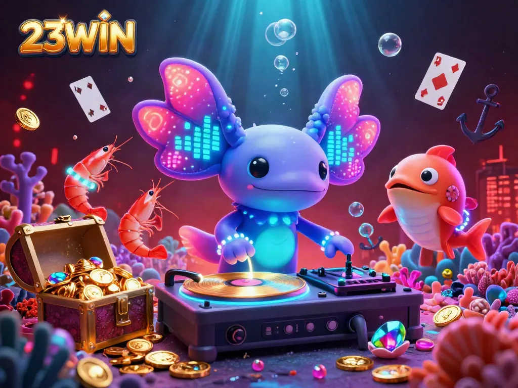 Experience the vibrant energy of 23WIN with a neon axolotl DJ spinning records amidst an underwater treasure-filled rave.