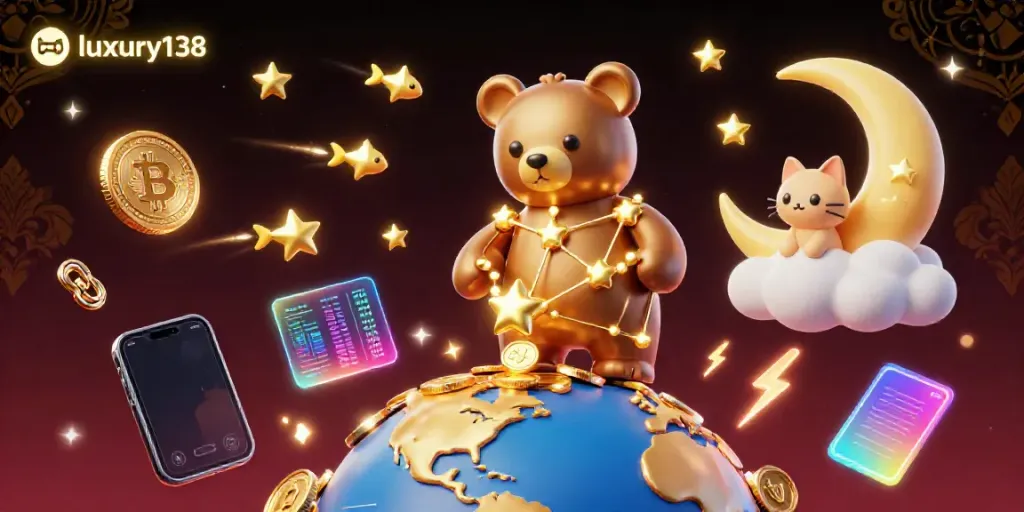 Engage with luxury138 in a vibrant casino universe, featuring a constellation bear and golden coins.