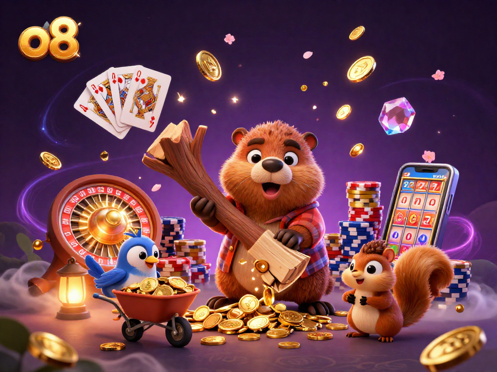 Experience exhilarating wins at o8 with a lively beaver, bird, and squirrel amidst golden coins and casino elements.