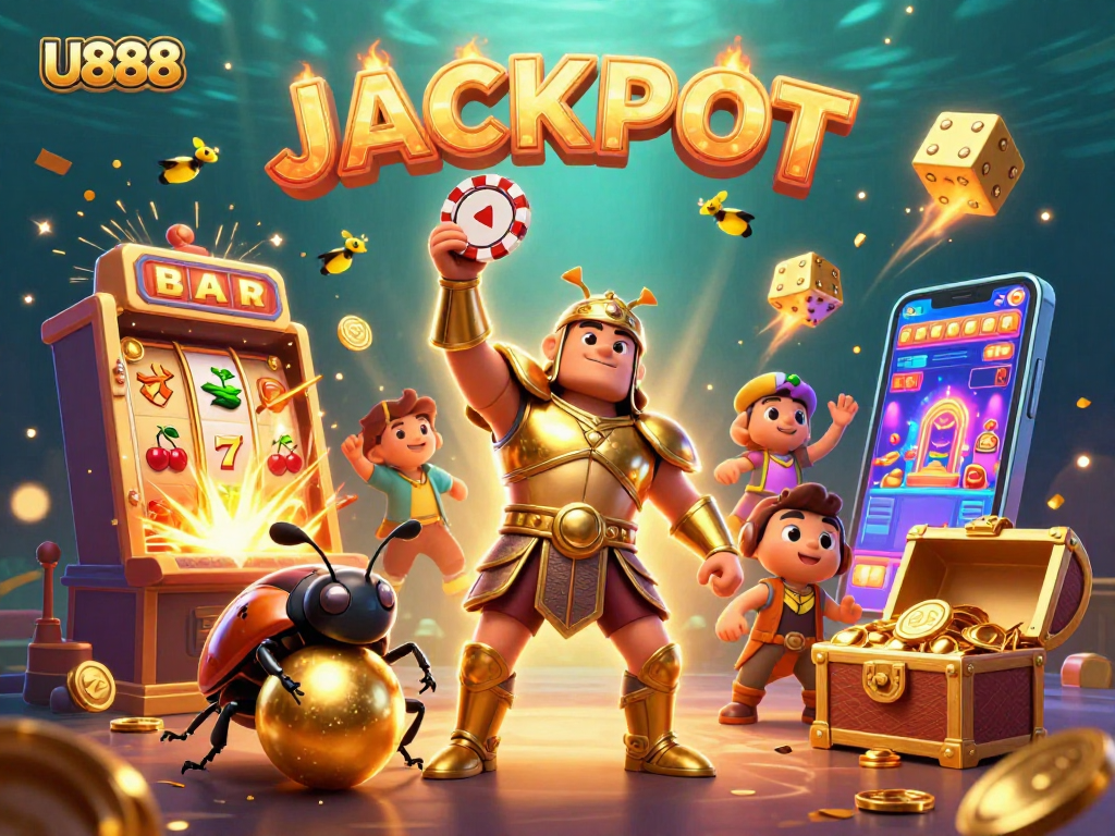 Join the thrilling U888 casino adventure featuring a heroic beetle celebrating a jackpot!