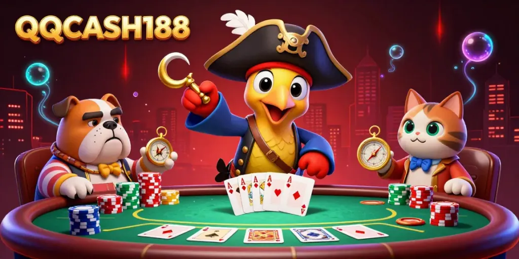 Engage with QQCASH188 as interactive characters surround a vibrant poker game in this dynamic casino scene.