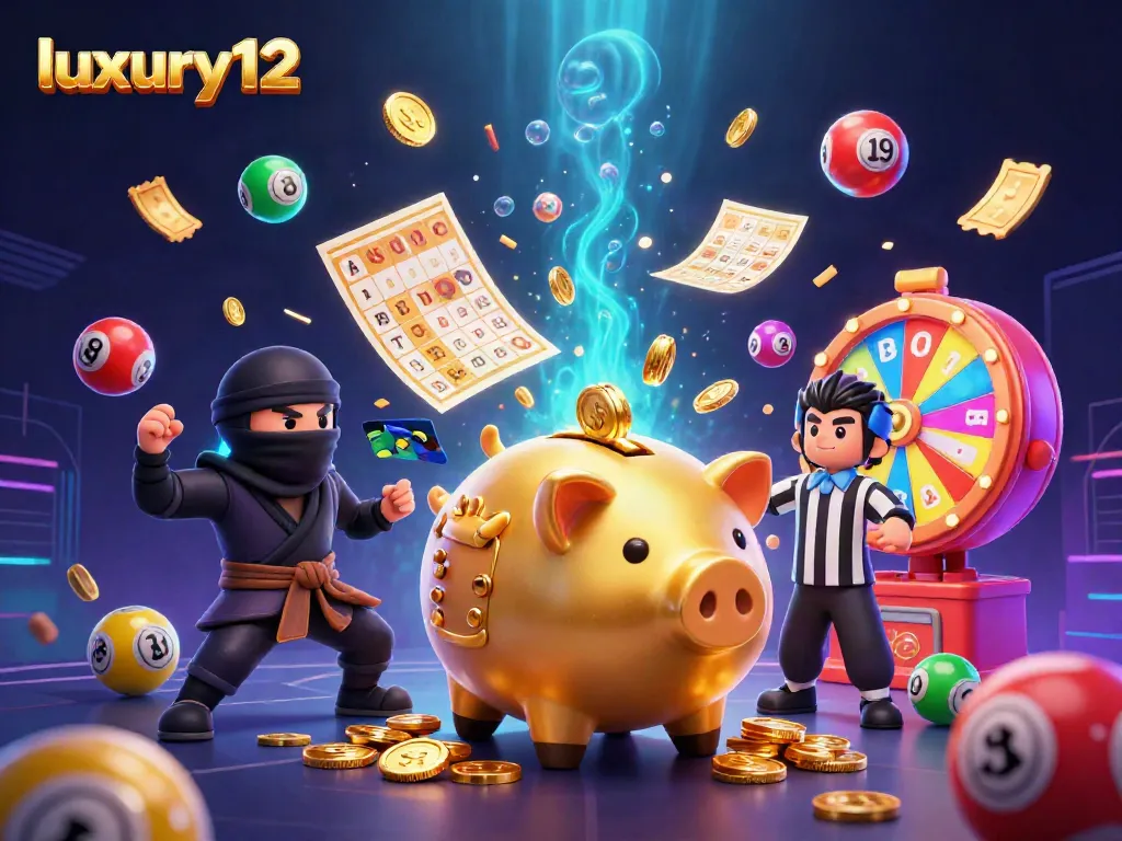 Engage with the thrilling atmosphere of luxury12 featuring a dynamic illustration of a piggy bank sumo wrestler and colorful gaming elements.
