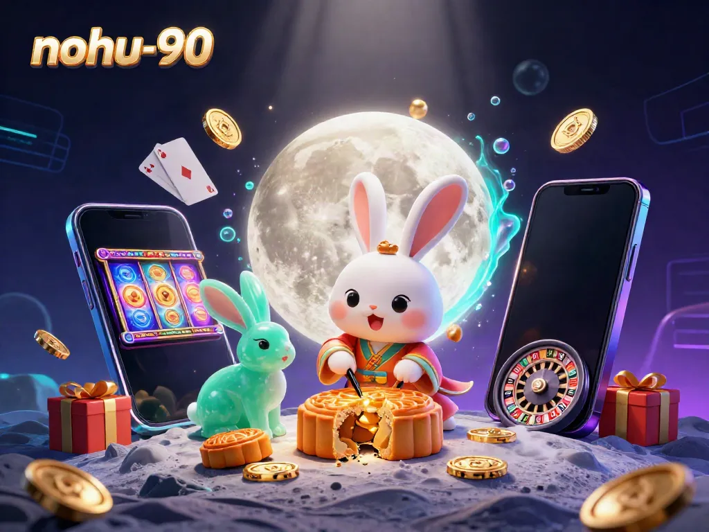 Experience exciting gameplay with nohu-90, featuring a dynamic scene of a moon rabbit, poker chips, and vibrant casino elements.