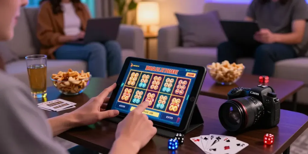 Pengguna jagototo bermain lotere online dengan tablet dalam suasana santai di ruang tamu