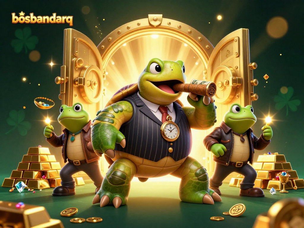 Experience the vibrant world of casino gaming with bosbandarq's rich 3D illustration featuring unique characters and dazzling treasures.