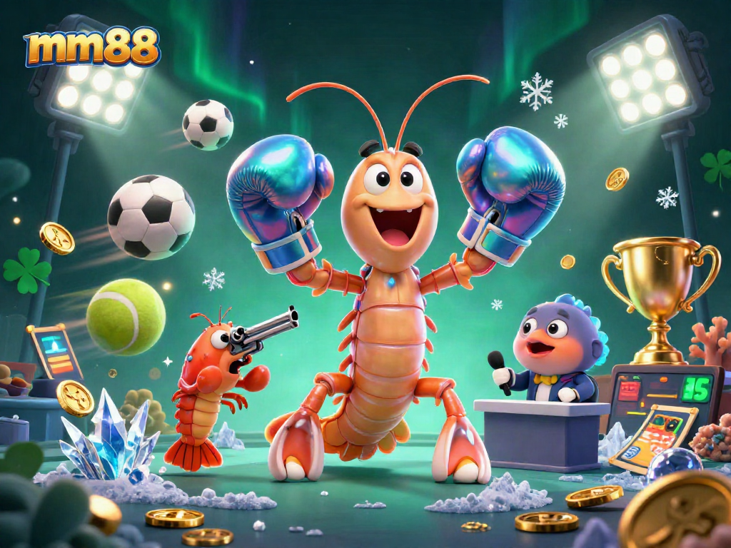Bet on mm88 with energetic 3D casino illustration featuring mantis shrimp, sports elements, and festive lighting.