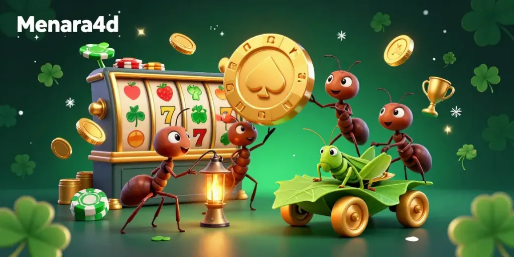 Charming illustration featuring ants in a heist for menara4d's giant poker chip amid lively casino elements.