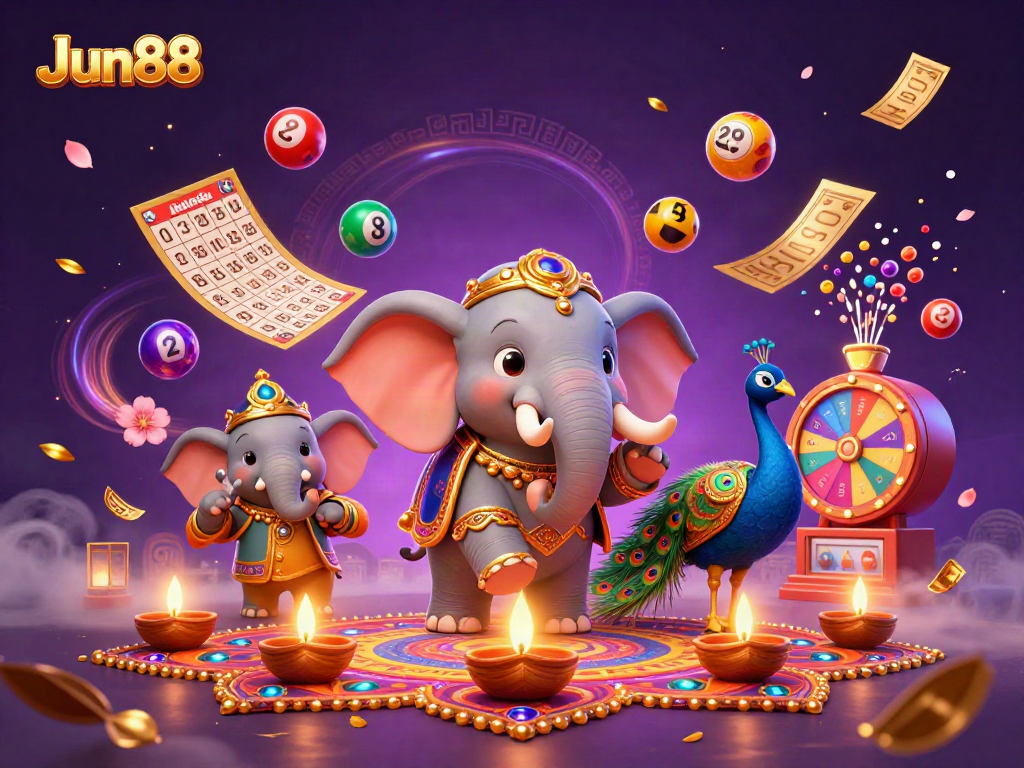Experience Jun88's vibrant lottery scene with an enchanting elephant, peacock, and dynamic casino elements.