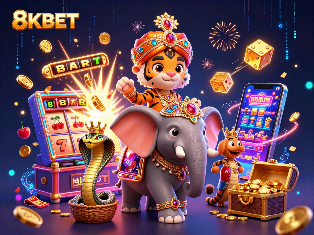 Experience the thrill of 8KBET with a vibrant 3D casino scene showcasing action and excitement.