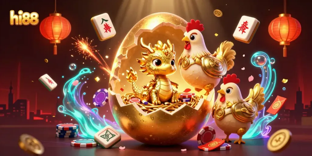 Bet on your luck with hi88's captivating golden dragon and poker chips in an enchanting casino scene