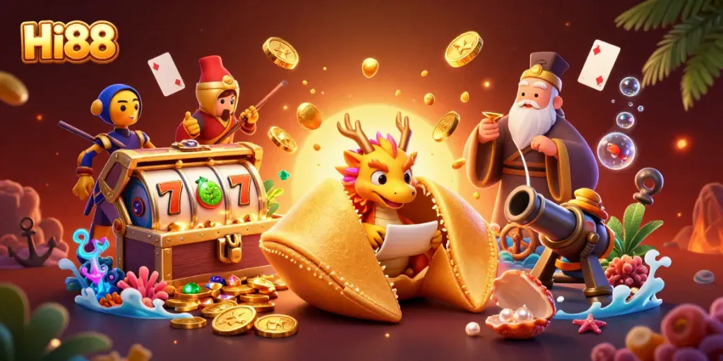 Spin to win at Hi88 with golden fortune cookie adventure and vibrant slot elements.
