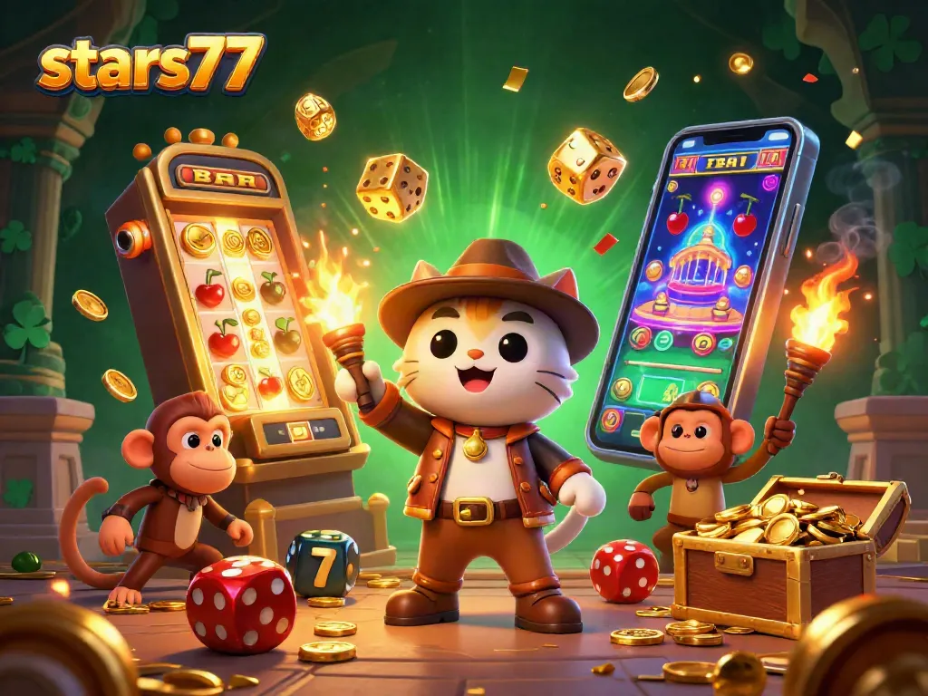 stars77 mempersembahkan ilustrasi 3D dari penjelajah kucing yang menemukan artefak kasino sambil dikelilingi jackpot dan emas.