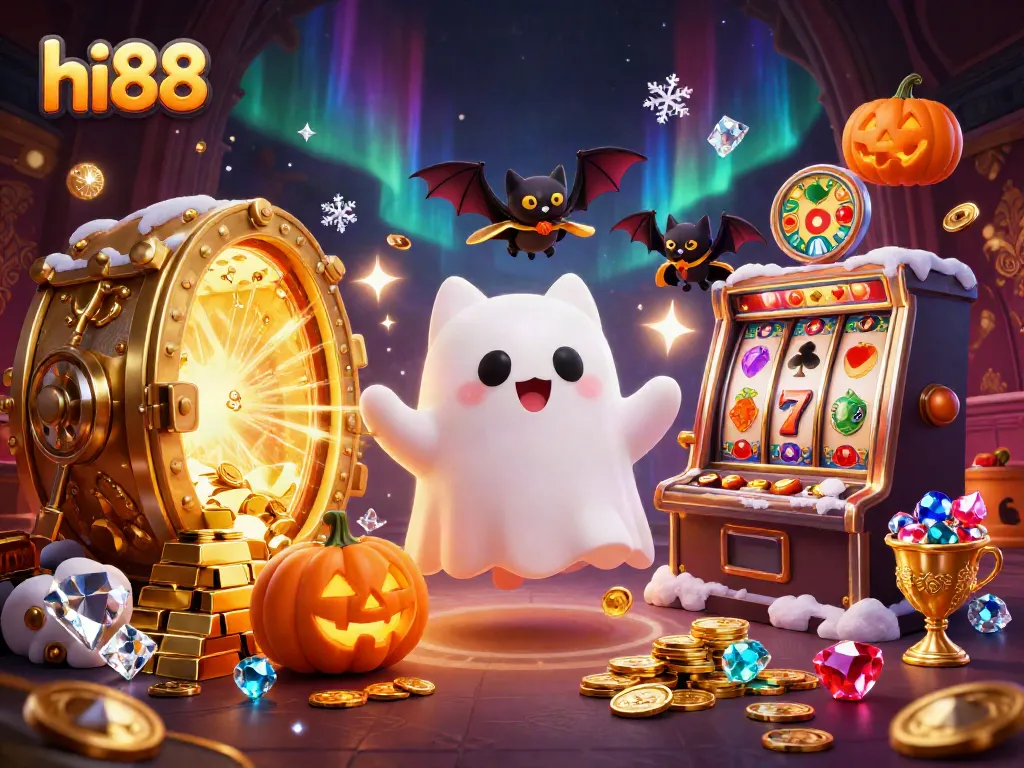 Experience the excitement of hi88's haunted casino with a playful ghost cat and vampire bat.