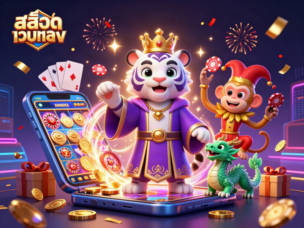 Engage with สล็อตเว็บตรง through this vibrant 3D casino illustration showcasing a cartoon white tiger, monkey, and dragon.