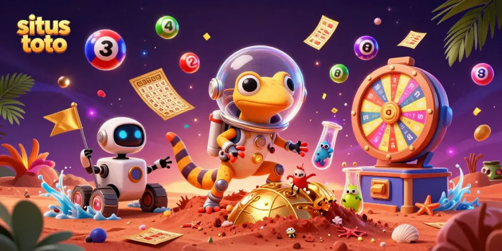 Memenangkan hadiah besar di situs toto dengan ilustrasi kasino yang ceria dan burung alien bahagia.