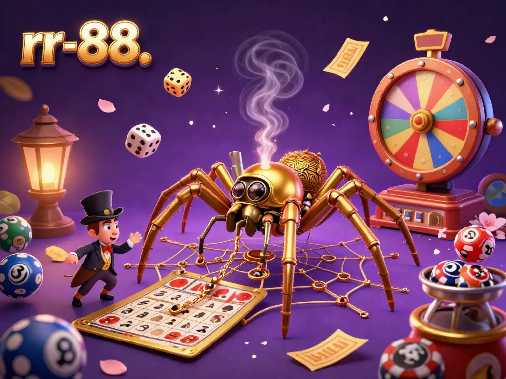 Engage with rr-88's exciting 3D casino world featuring a steampunk spider and vibrant game elements.