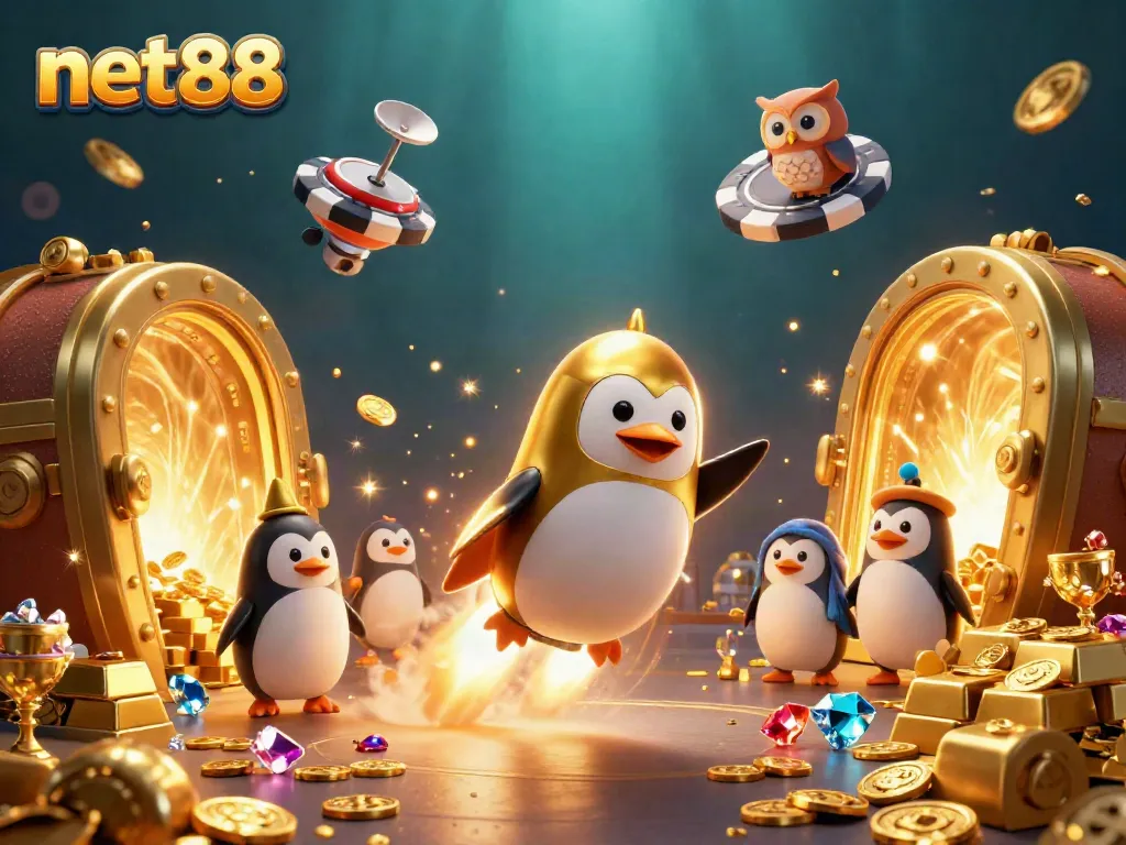Experience net88's adventurous gaming world with a golden penguin and poker chip space station.