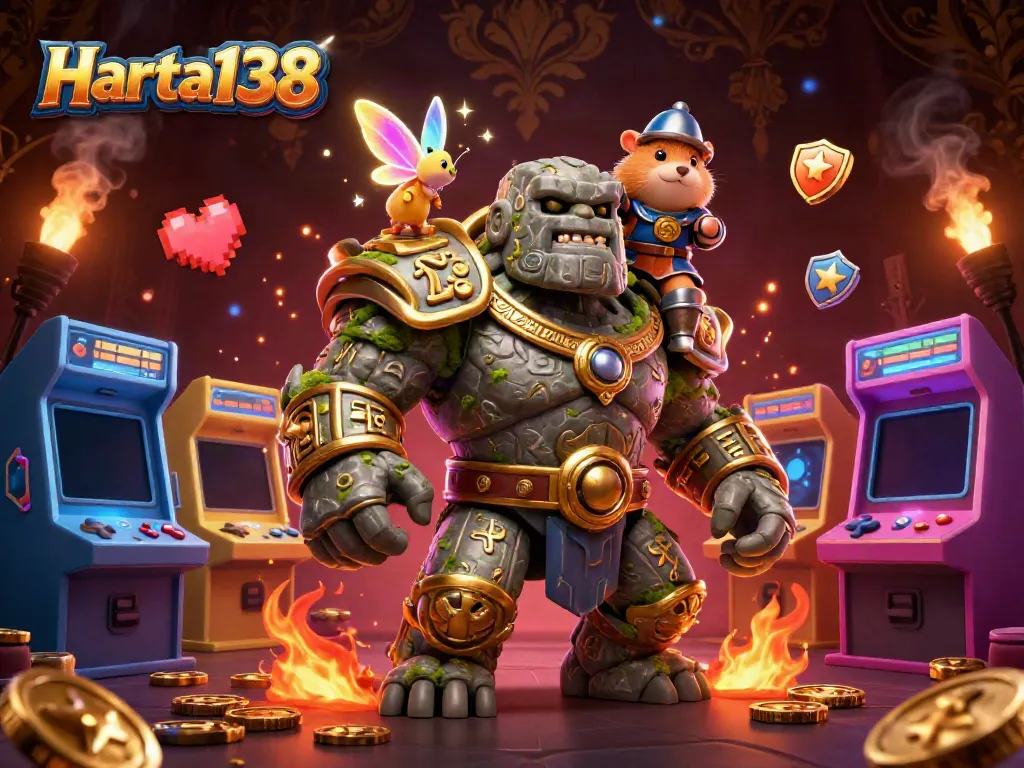 Harta138 menampilkan slot gacor dengan golem penjaga, peri, dan hamster ksatria dalam ilustrasi 3D