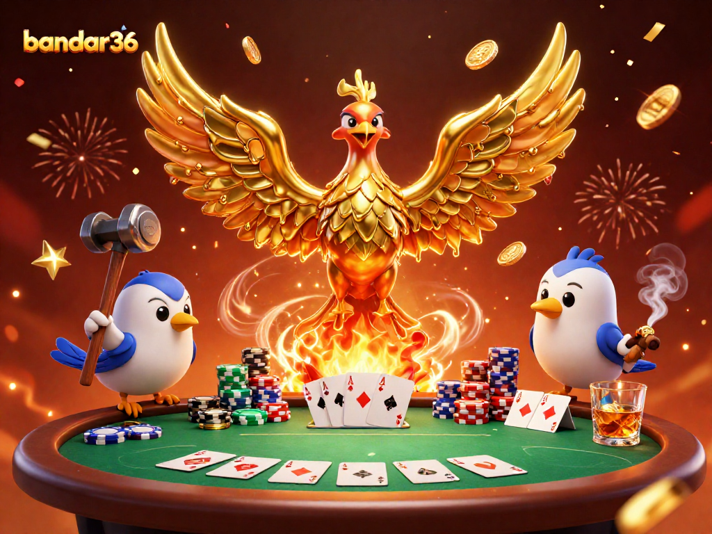 Permainan bandar36 menampilkan phoenix emas dan elemen poker dengan suasana meriah.
