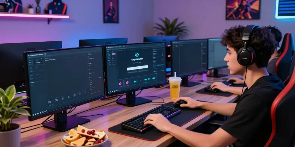Player using Singatoto login in an immersive gaming setup with multiple screens.