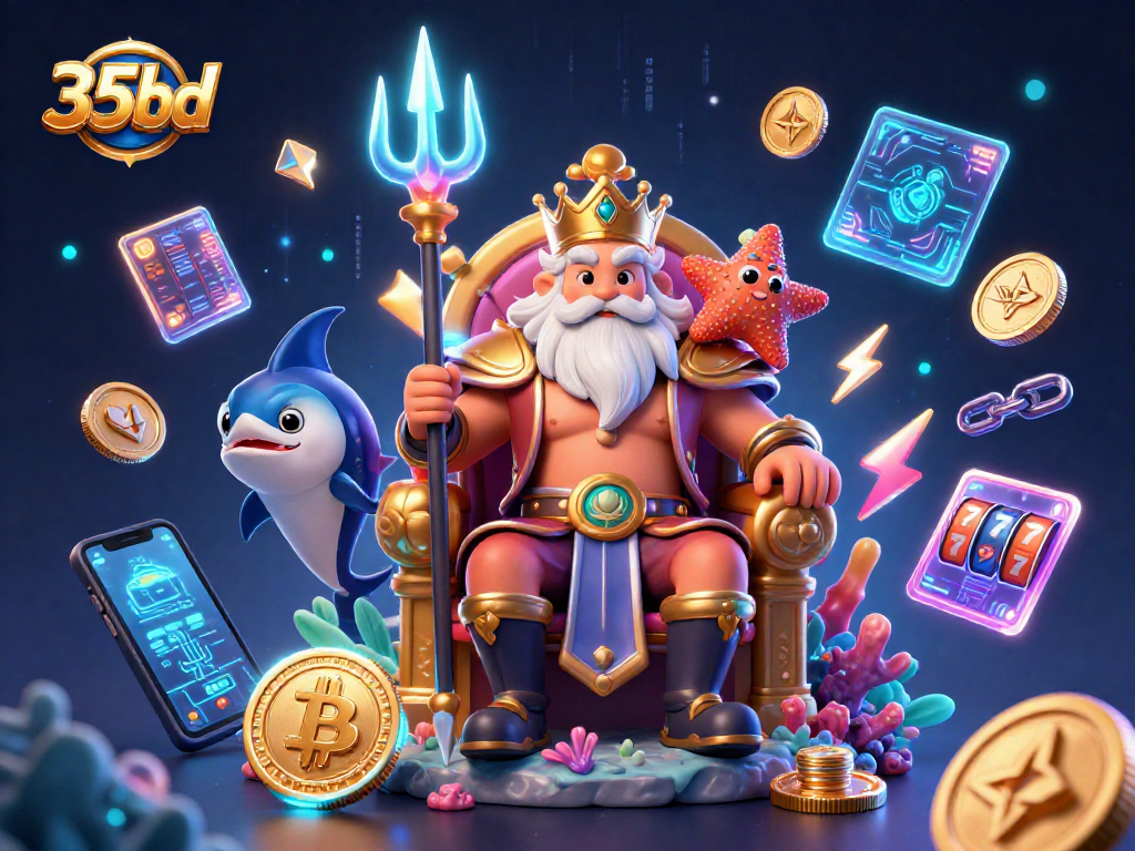 Experience thrilling gameplay at 35bd with a vibrant casino scene featuring Neptune and cryptocurrency elements.