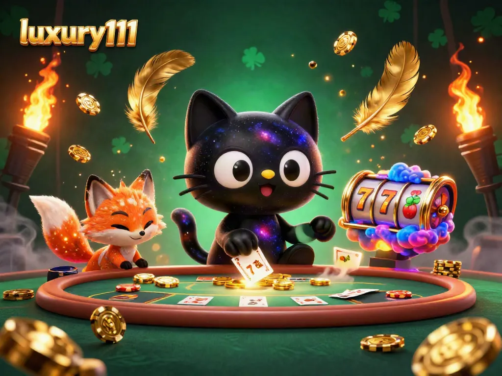 Spin to win with luxury111 at a cosmic casino with animated cats and golden chips!