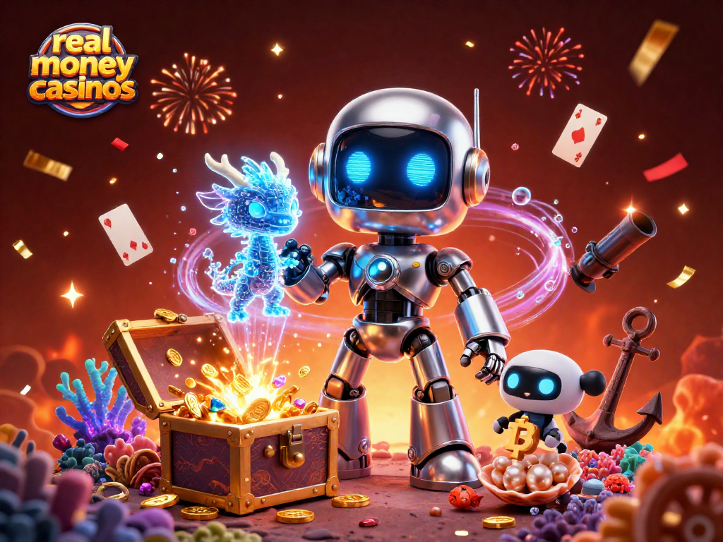 Engage in real money casinos with a vibrant 3D illustration of a cyberpunk robot mascot and gaming elements.