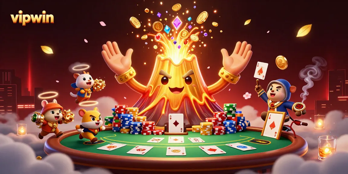 Experience the thrill of vipwin with an illustration of a golden volcano erupting coins amidst poker elements.