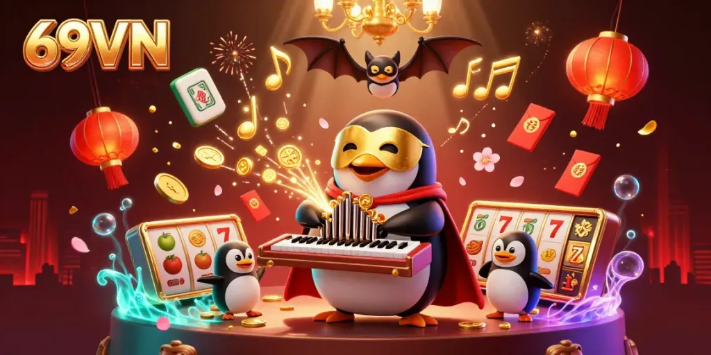 Experience thrilling casino action with 69VN's vibrant illustration featuring a 3D penguin playing a gold coin organ.
