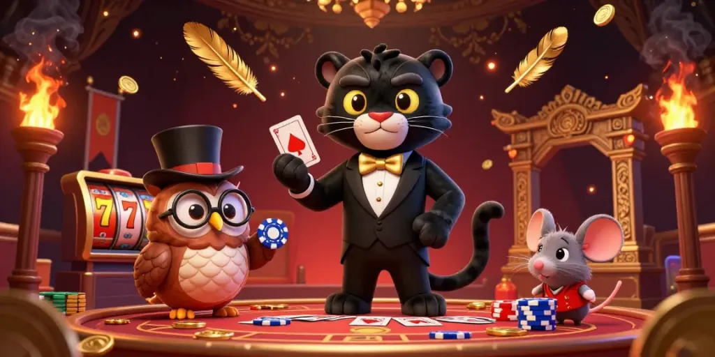 Experience thrilling gameplay with 92 Blaze, featuring a stylish panther dealer, an owl with poker chips, and a lucky mouse amidst lively casino elements.