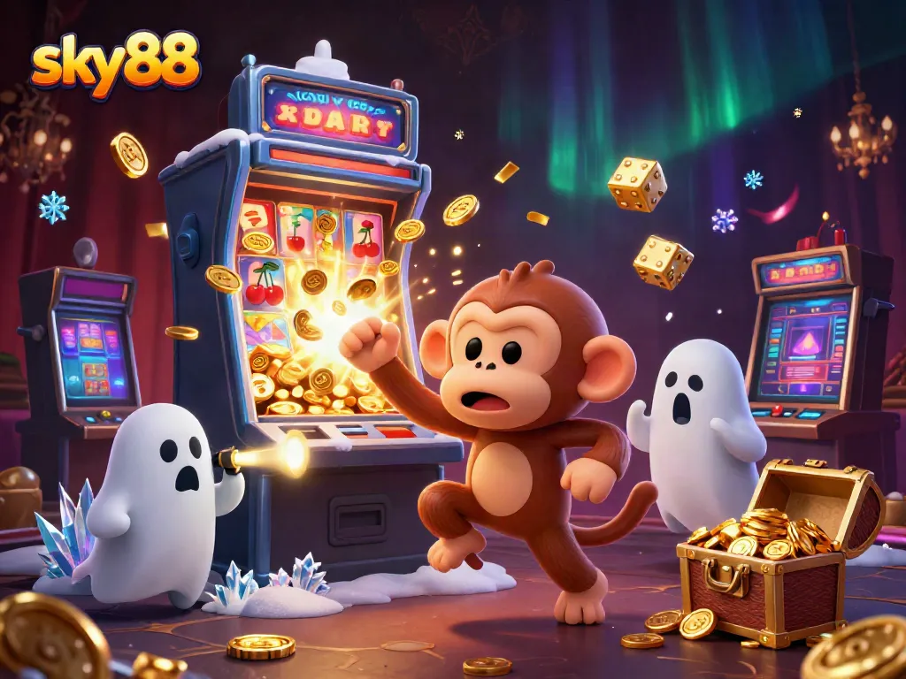 Experience the magical casino world of sky88 with a playful poltergeist monkey and a curious puppy.