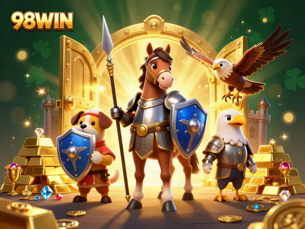Win big at 98WIN with a festive scene featuring knights, treasures, and dragon adventures.