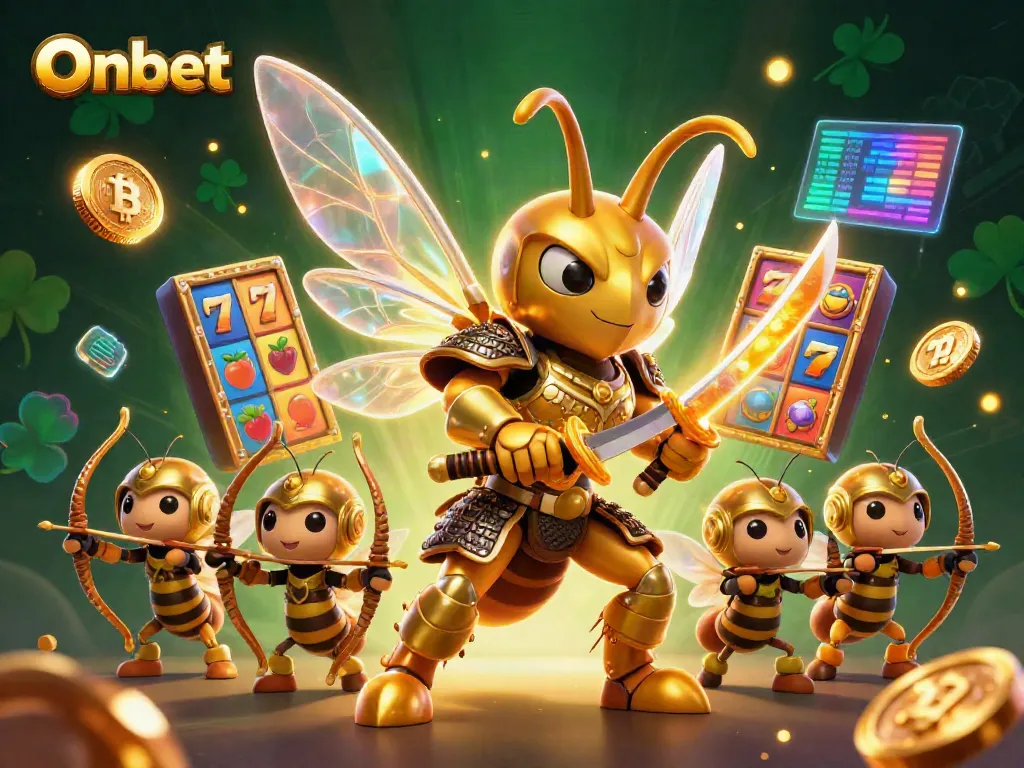 Join the fun at Onbet casino with vibrant slot games and a unique golden hornet warrior.