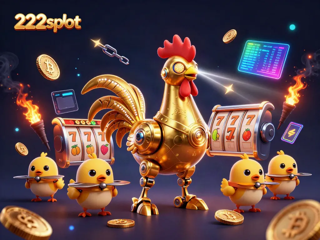 Permainan slot 222slot yang meriah dengan robot ayam dan simbol keberuntungan.