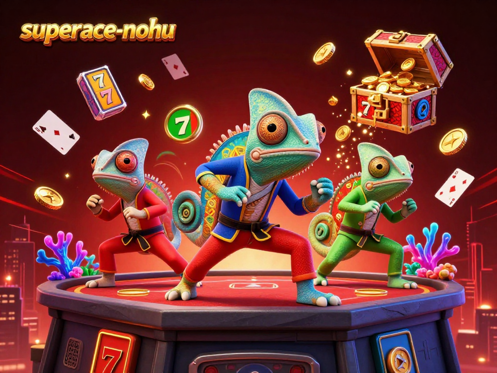 Experience the thrill of superace-nohu as chameleon ninjas perform amidst slot reels and treasures, vibrant casino action.