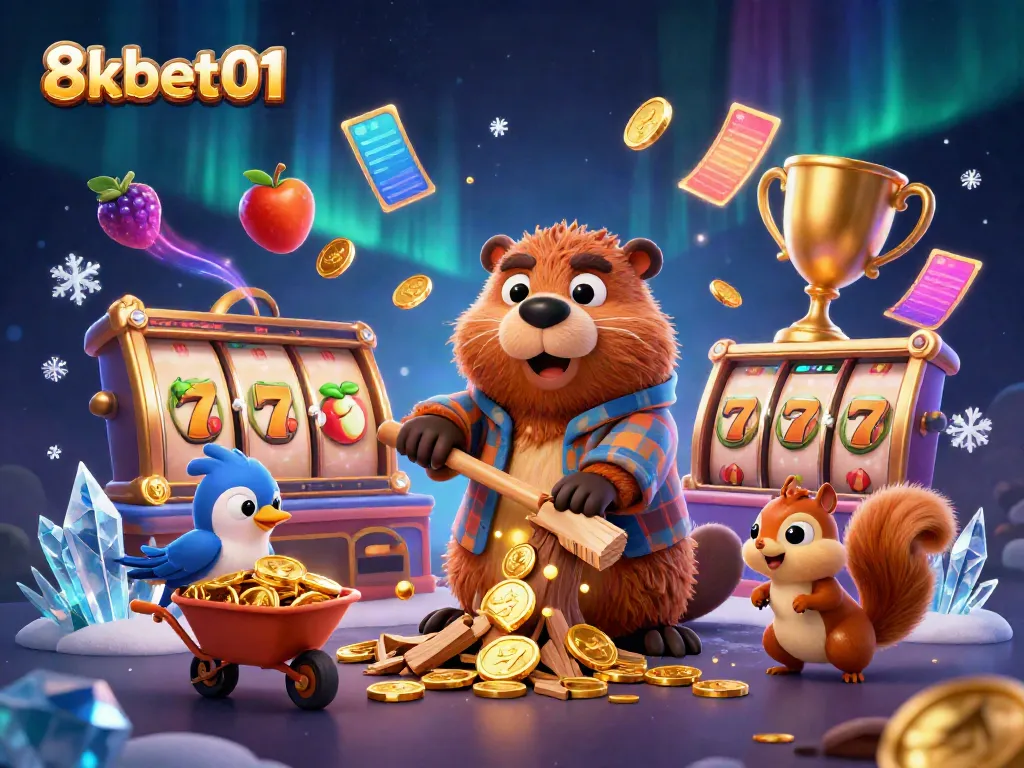 8kbet01 showcases a lively casino scene with playful characters and golden rewards.