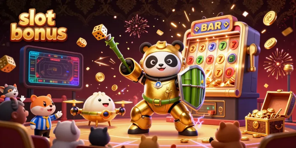 Experience thrilling action with a slot bonus as a golden panda battles in a vibrant casino arena.