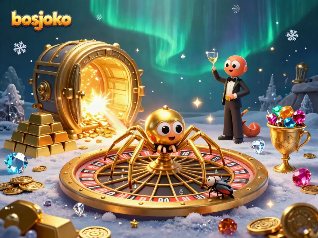 Experience the excitement of bosjoko with a golden spider in a roulette wheel under a shimmering treasure vault.