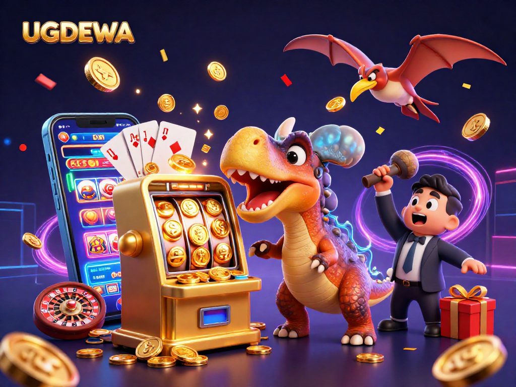 UGDEWA engages players with a vibrant scene where a pachycephalosaurus hits a slot machine for a jackpot.