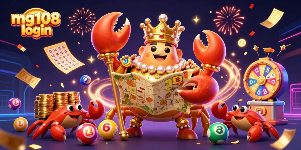 MG108 login untuk memasuki dunia permainan dengan keajaiban visual krustasea emas menjulang.