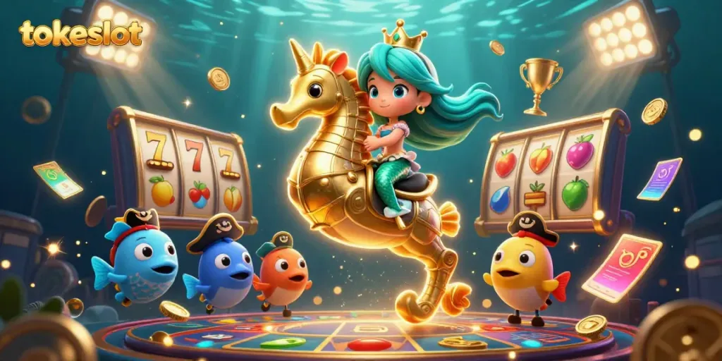 Engage with the exciting tokeslot adventure featuring a vibrant mermaid on a seahorse amidst slot game elements.