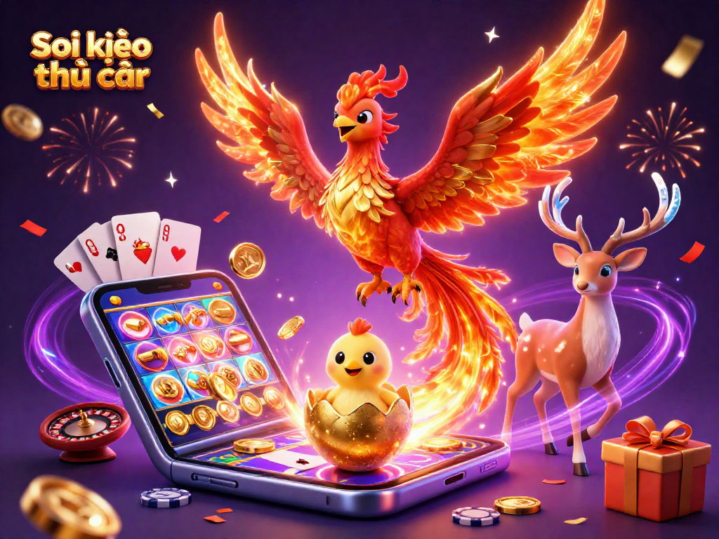 Soi kèo nhà cái features a vibrant 3D scene with phoenixes and casino games, perfect for bettors.