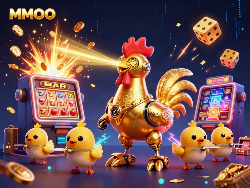 Experience the excitement of MMOO with a dynamic illustration of a golden rooster robot and baby chick drones amidst casino elements.