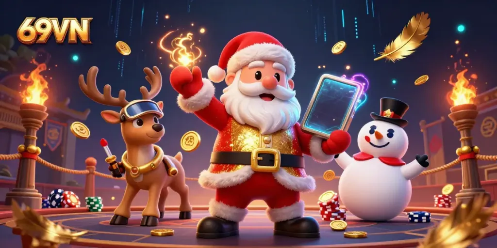 Experience the excitement of 69VN with Santa and friends celebrating jackpots in a rich casino scene.