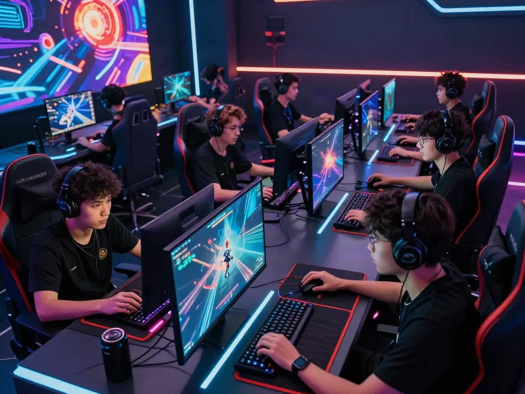 Players in a high-tech arena enjoying luxury111's exhilarating online games.