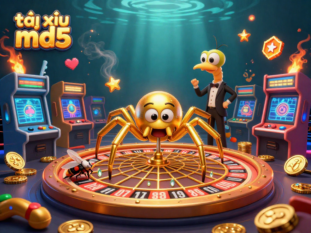 Engaging scene with tài xỉu md5 characters showcasing a vibrant casino atmosphere, mixing arcade games and roulette.
