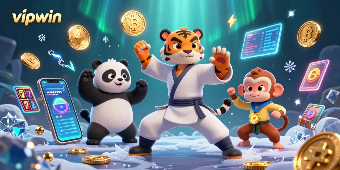 Experience winning strategies at vipwin with a dynamic scene featuring a kung fu tiger, panda, and monkey in a vibrant casino.